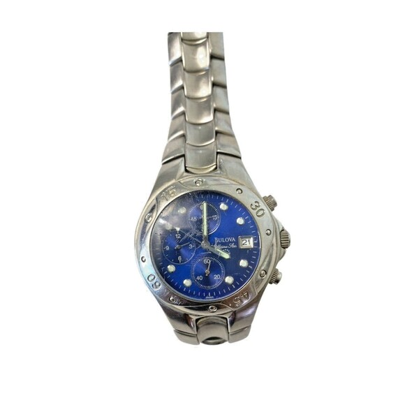 Vintage Men's BULOVA "Marine Star" Blue Face Chronograph Watch  New Battery - Picture 2 of 9